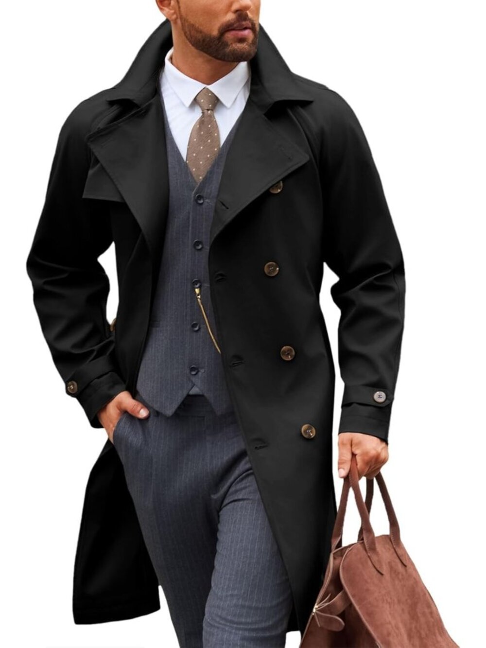 🆕 Mens Black Trench Coat Double Breasted Notch Lapel Casual Fall Long Overcoat